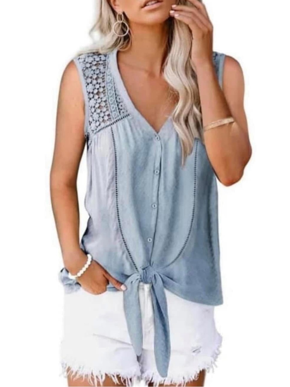 Sleeveless V-Neck Tie-Front Crochet Detail Top – Light Blue